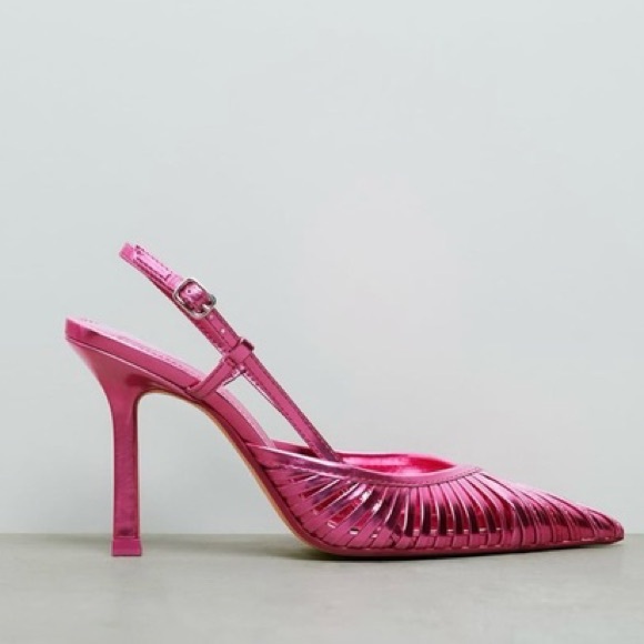 Zara size 39 fuchsia pink metallic strappy stiletto pump slingback heels - Picture 6 of 7